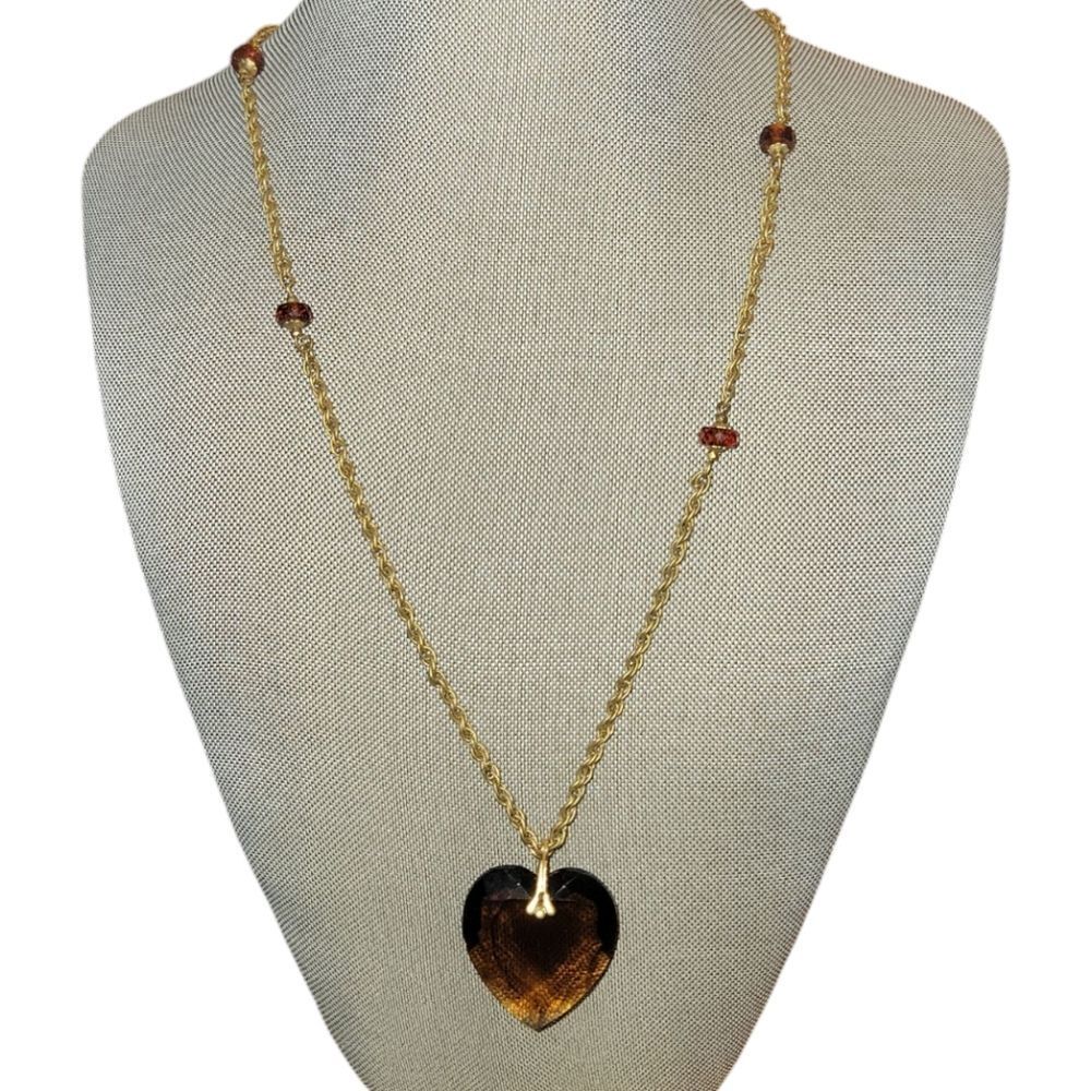 Miriam Haskell Signature Brown Heart Beaded Necklace Large Heart Pendant 1970s
